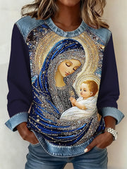 Women's Nativity Of Jesus Christmas Denim Patchwork Top