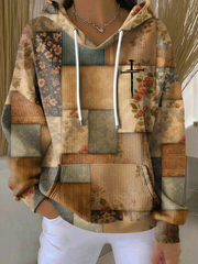 Women's Casual Retro Contrast Color Faith Texture Hoodie