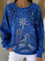 Women's Christian Nativity Scene Ribbed Round-Neck Sweatshirt