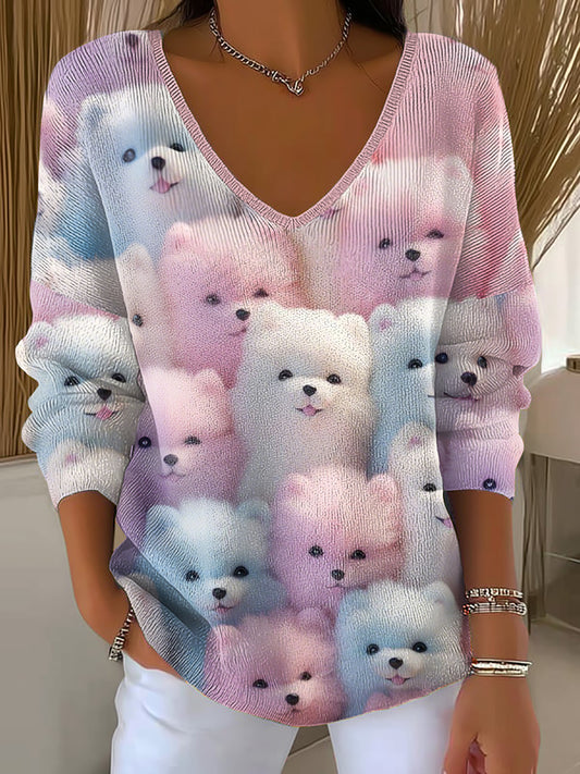 Women's Lovely Cats V-Neck Ribbed Top