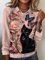 Women's Lovely Cats Print Patchwork Top