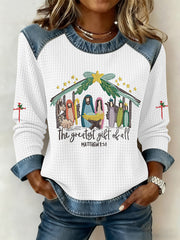 Women's Christian Nativity Scene Greatest Gift of All Waffle Denim Patchwork Top