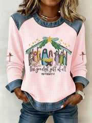 Women's Christian Nativity Scene Greatest Gift of All Waffle Denim Patchwork Top