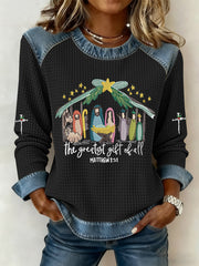 Women's Christian Nativity Scene Greatest Gift of All Waffle Denim Patchwork Top