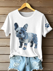 Women's Denim Patchwork Art French Bulldog Pattern T-Shirt