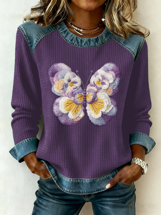 Women's Floral Butterfly Denim Patchwork Top