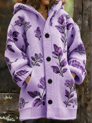 Women's Casual Purple Floral Composite Fleece Long Coat