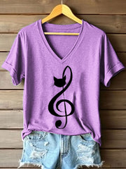 Women's Music Note Inspired Cat Print V-Neck T-Shirt