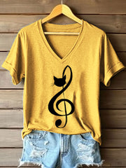 Women's Music Note Inspired Cat Print V-Neck T-Shirt