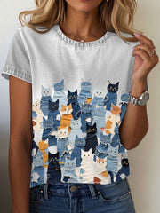 Women's denim print cat T-shirt