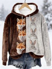 Women's Best Partner Fox And Bunny Print Casual Flannel Hoodie