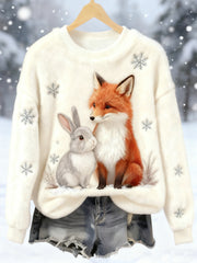 Women's Best Partner Fox And Bunny Print Casual Flannel Hoodie