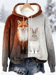 Women's Best Partner Fox And Bunny Print Casual Flannel Hoodie