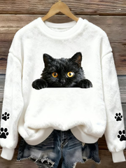 Women's Fun Animal Cat Printed Flannel Sweatshirt