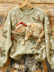 Women's Cute Christmas Sleeping Cat Art Print Casual Sweatshirt