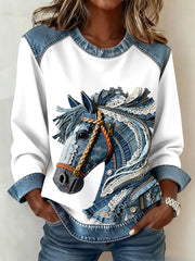 Women's Vintage Horse Art Denim Patchwork Top