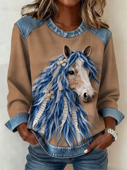 Women's Vintage Horse Art Denim Patchwork Sweatshirt