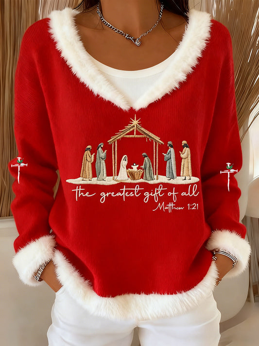 Women's Christian Nativity Scene Greatest Gift of All Printed Fur Collar Top