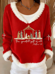 Women's Christian Nativity Scene Greatest Gift of All Printed Fur Collar Top
