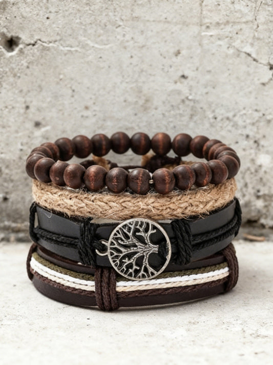 Men's Tree of Life Vintage Woven Personalized Leather Bracelet Three-Piece Set