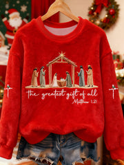 Women's Christian Nativity Scene Greatest Gift of All Printed Flannel Hoodie
