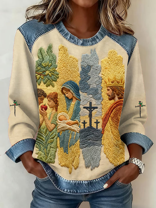 Women's Christian Nativity Scene Denim Patchwork Top