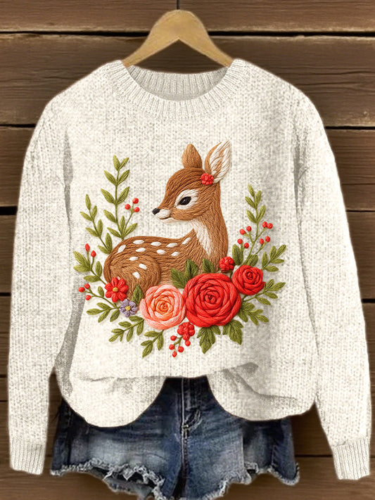 Women's Flower & Deer Embroidery Pattern Cozy Knit Sweater