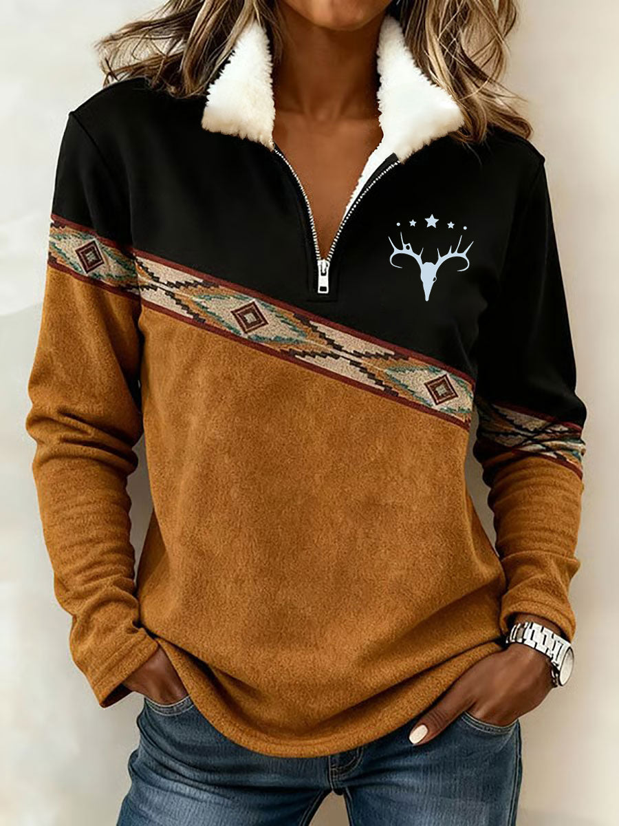 Women's Vintage Western Printed Casual Composite Fleece Hoodie