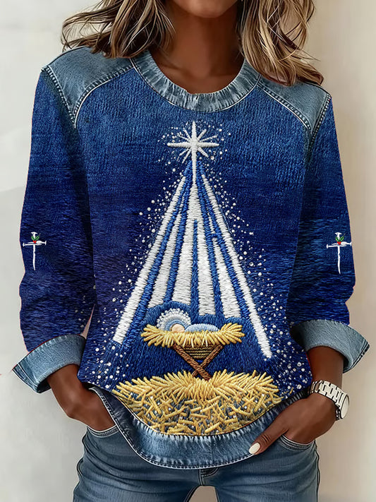 Women's Christian Nativity Scene Denim Patchwork Top