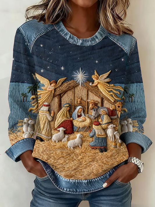 Women's Christian Nativity Scene Denim Patchwork Top