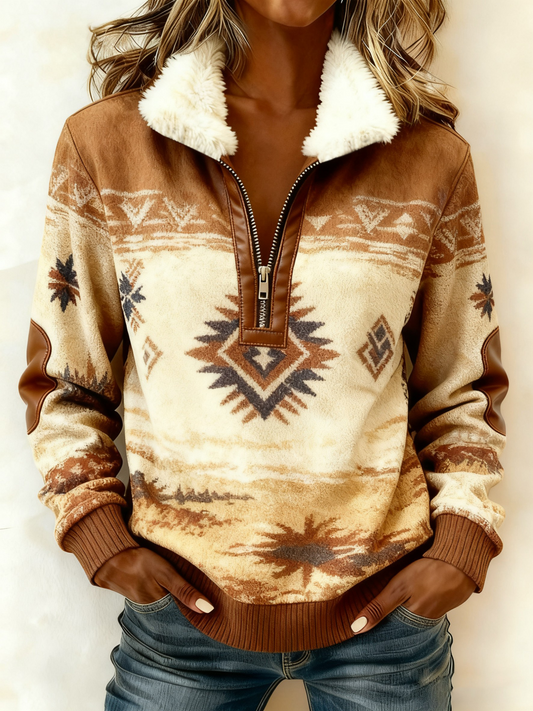 Women's Vintage Western Printed Casual Composite Fleece Hoodie
