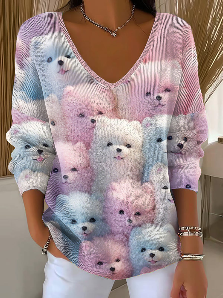 Women's Lovely Cats V-Neck Ribbed Top