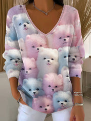 Women's Lovely Cats V-Neck Ribbed Top