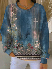 Women's Casual Retro  Faith Texture Ribbed Round-Neck Sweatshirt