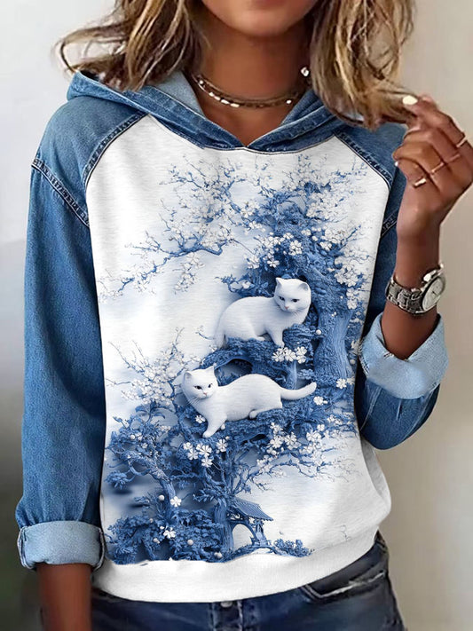 Women's Lovely Cats Print Patchwork Hoodie
