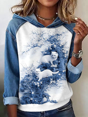 Women's Lovely Cats Print Patchwork Hoodie