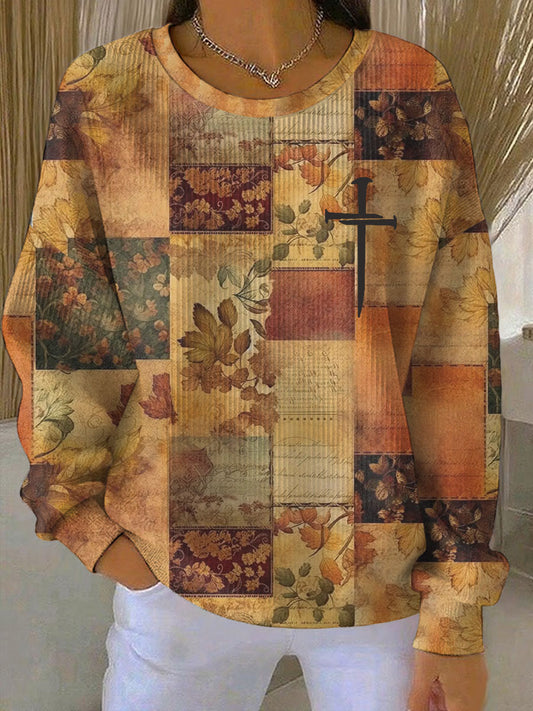 Women's Casual Retro Contrast Color Faith Texture Ribbed Round-Neck Sweatshirt