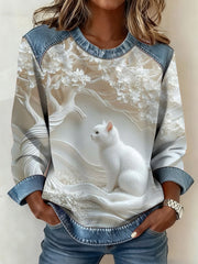 Women's Lovely Cat Print Denim Patchwork Top