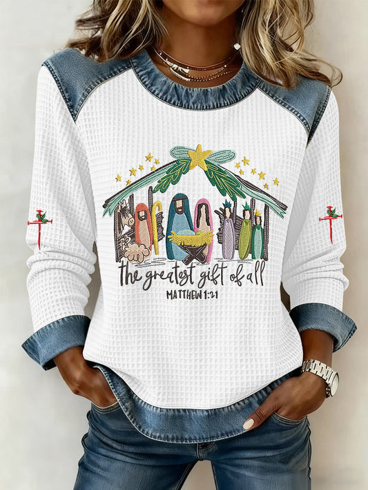 Women's Christian Nativity Scene Greatest Gift of All Waffle Denim Patchwork Top