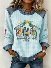 Women's Christian Nativity Scene Greatest Gift of All Waffle Denim Patchwork Top