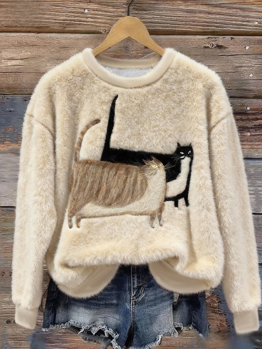 Women's Funny Abstract Cat Art Flannel Hoodie