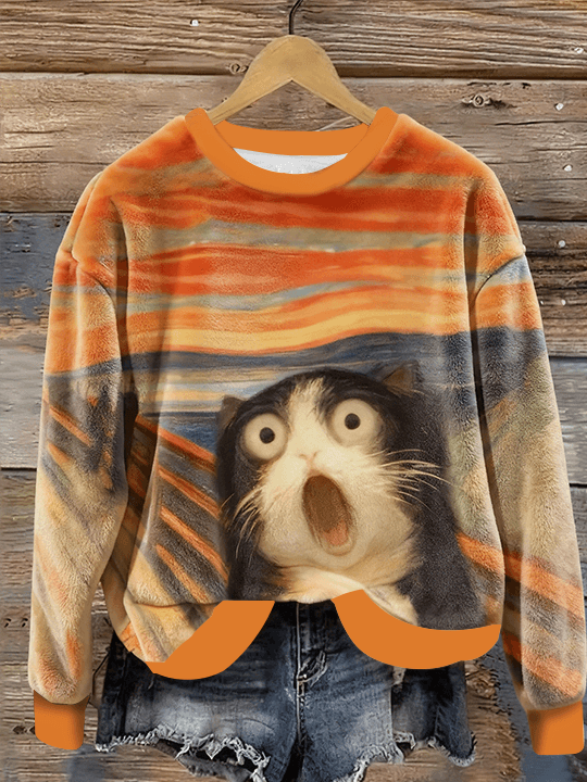 Women's Funny Abstract Cat Art Flannel Hoodie