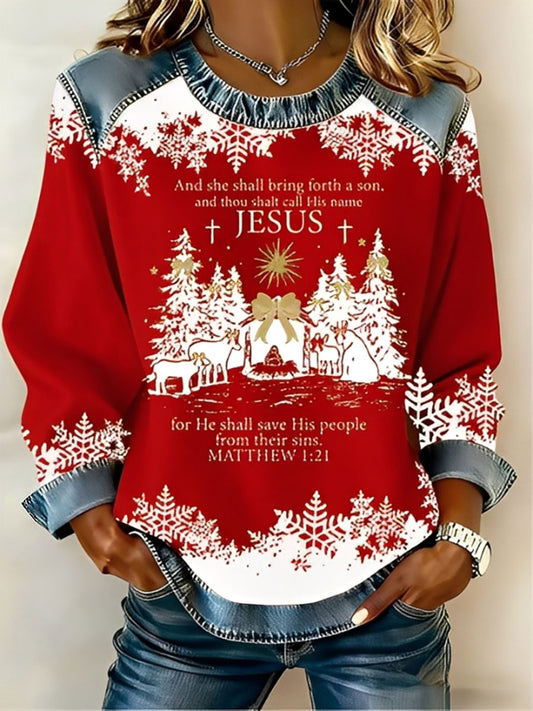 Women's Christmas Nativity Print Casual Top