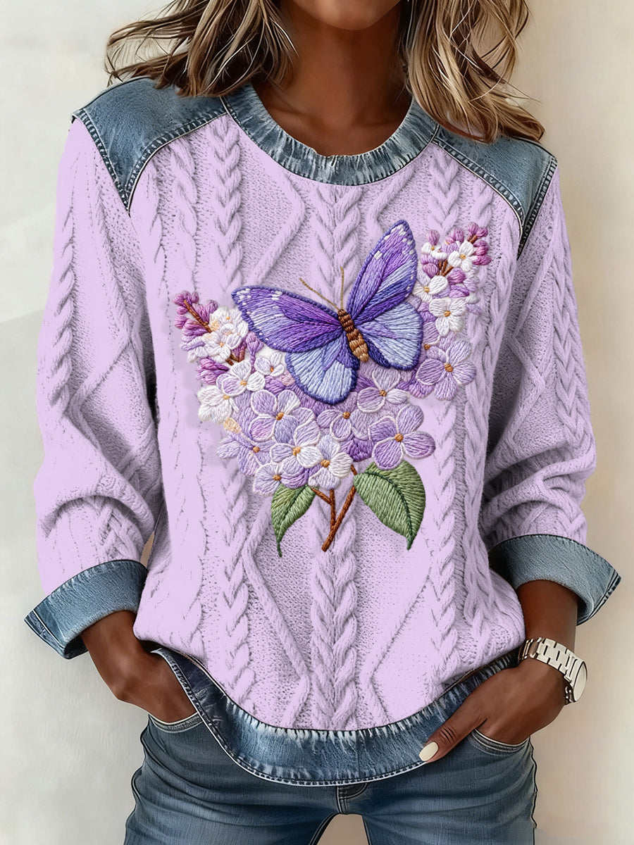 Women's Butterfly Denim Patchwork Top