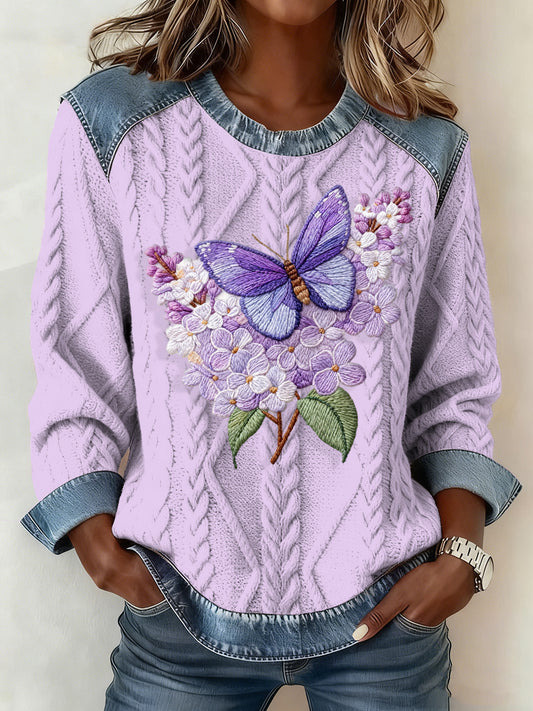 Women's Butterfly Denim Patchwork Top