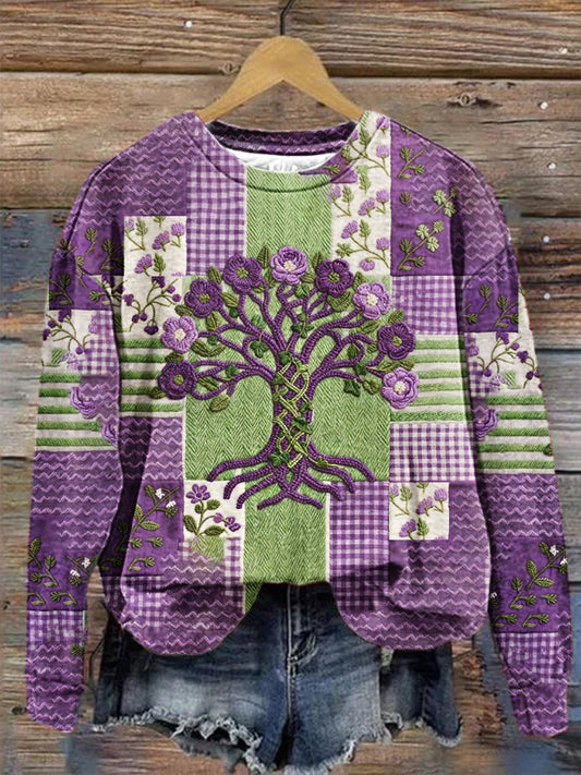 Women's Alzheimer's Disease Purple Viking Tree of Life Promotional Patchwork Flowers Regular Sweatshirt