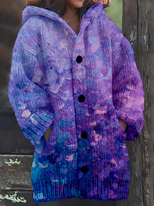 Women's Purple Art Design Printed Composite Fleece Long Coat