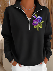 Women's Purple Art Design Printed Zipper Stand Collar Sweatshirt