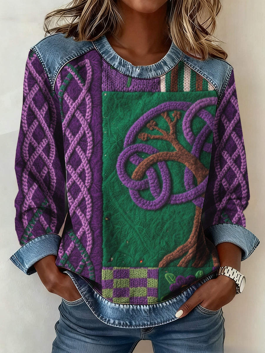 Women's Viking Tree of Life Patchwork Denim Patchwork Top