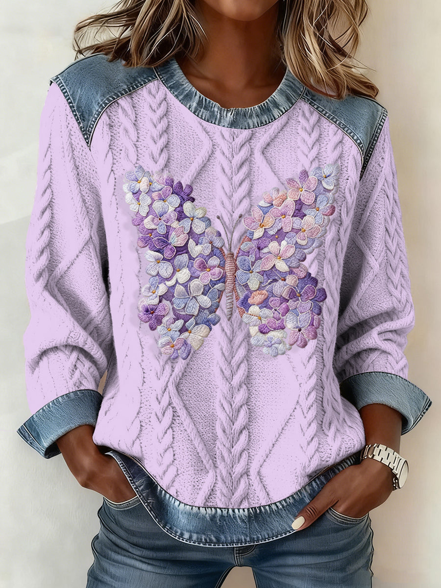 Women's Butterfly Denim Patchwork Top
